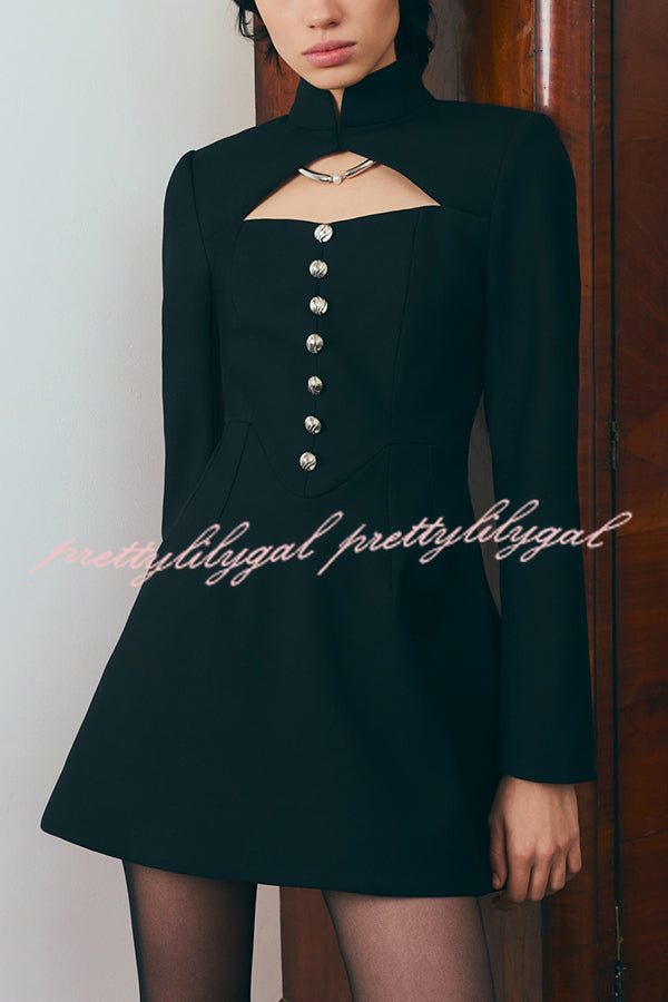 Elegant Long-sleeved Hollowed-out Button-down Slim-fit Mini Dress