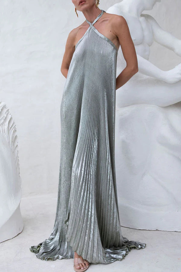 Elegant and Gorgeous Shimmer Fabric Halter A-line Maxi Dress