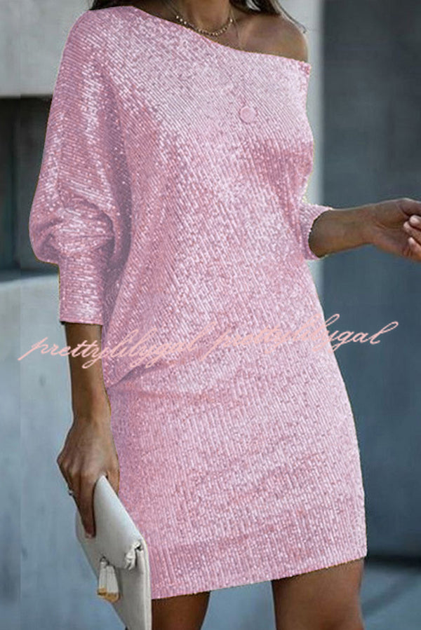 Solid Sequined Off-shoulder Loose Mini Dress