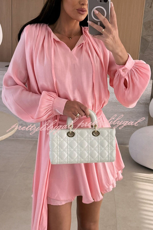 Solid Color V-neck Tie Long Sleeve Waist Mini Dress
