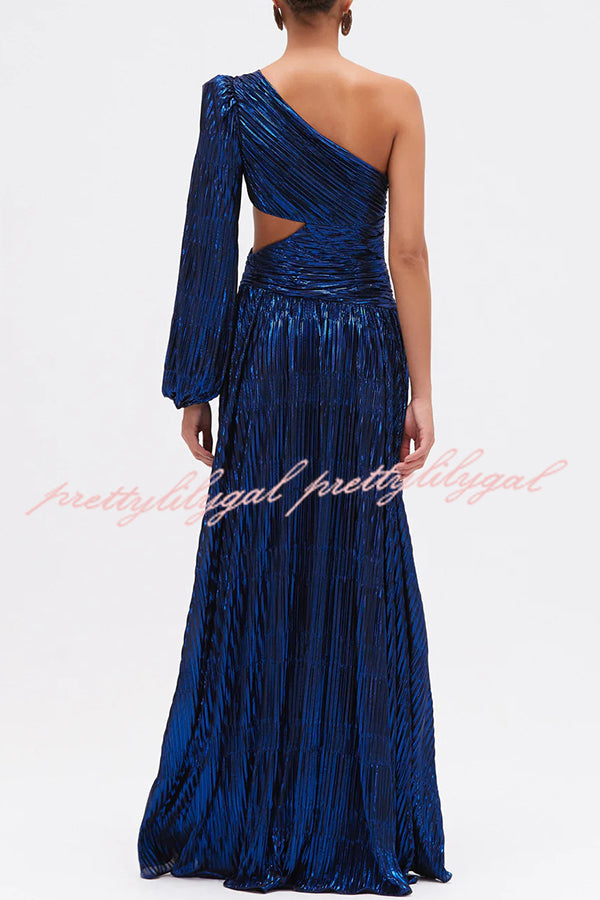 Dazzling Night Metallic Pleated One Shoulder Cutout Balloon Sleeve Gown Maxi Dress