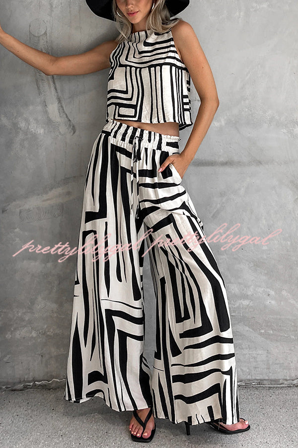Striped Printed Sleeveless Casual Top and Elastic Waist Loose Pocket Wide-leg Pants Set