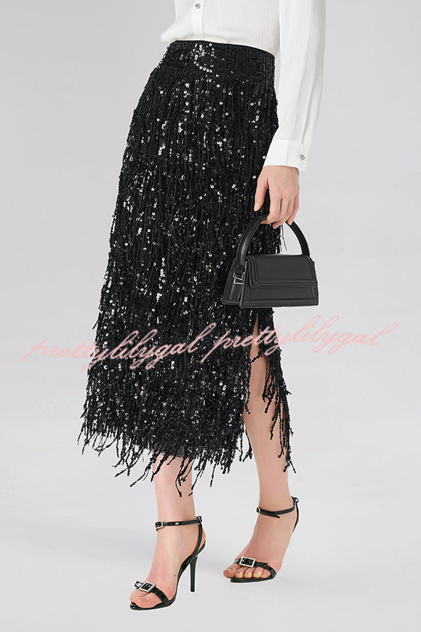 Evening Charm Layered Sequined Tassels High Rise Back Zipper Slit Midi Skirt