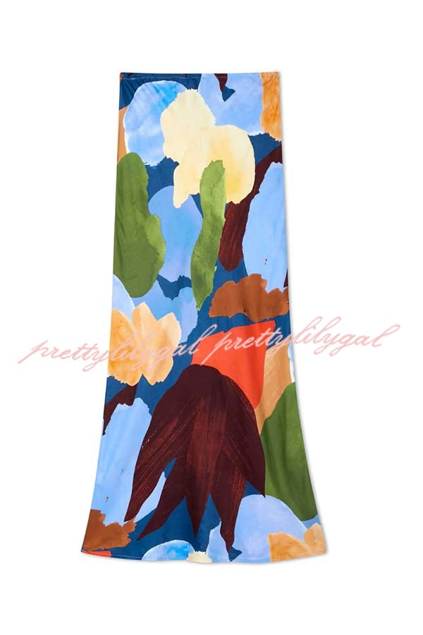 Bright and Bold Satin Abstract Color Blocks Print Elastic Waist Drape Maxi Skirt