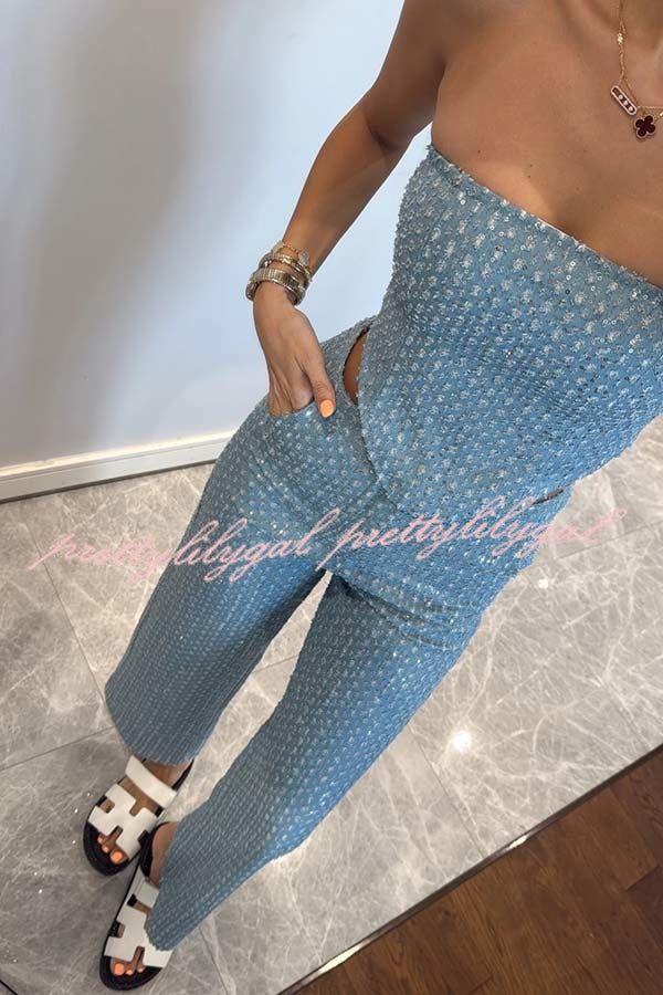 Fashionable Look Denim Sequin Textured High Rise Pocket Straight Jeans