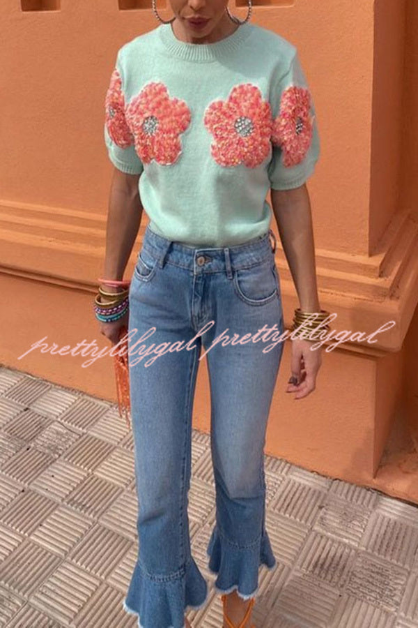 Contrast Color Floral Crew Neck Short Sleeved Sweaters