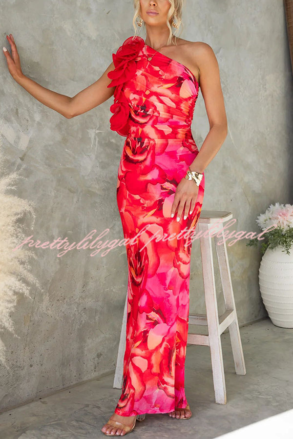 Floral Print Sleeveless 3D Flower One Shoulder Slim Maxi Dress