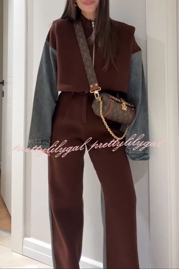 Sports Fashion Denim Patchwork Sweatshirt Fabric High Rise Pocket Loose Pants
