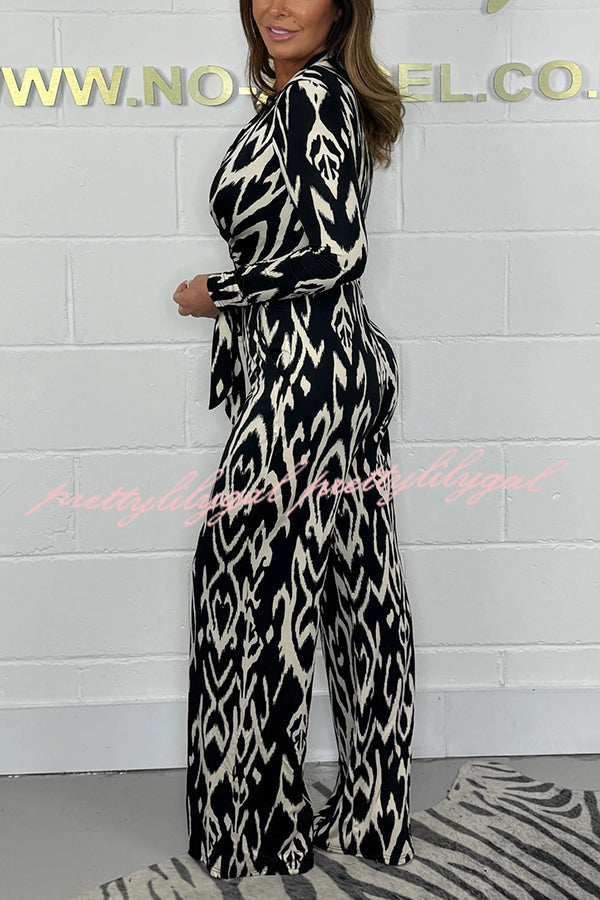 Fashion Leopard Print V-Neck Long Sleeve Lace-Up Casual Jumpsuit