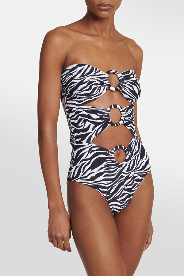 Marsie Zebra-print Ring Cutout Details Off Shoulder Stretch One-Piece Swimsuit