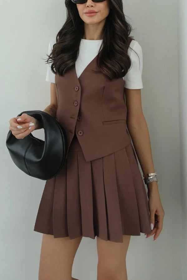 Solid Color Sleeveless Buttoned Vest and High-waisted Pleated Mini Skirt Set