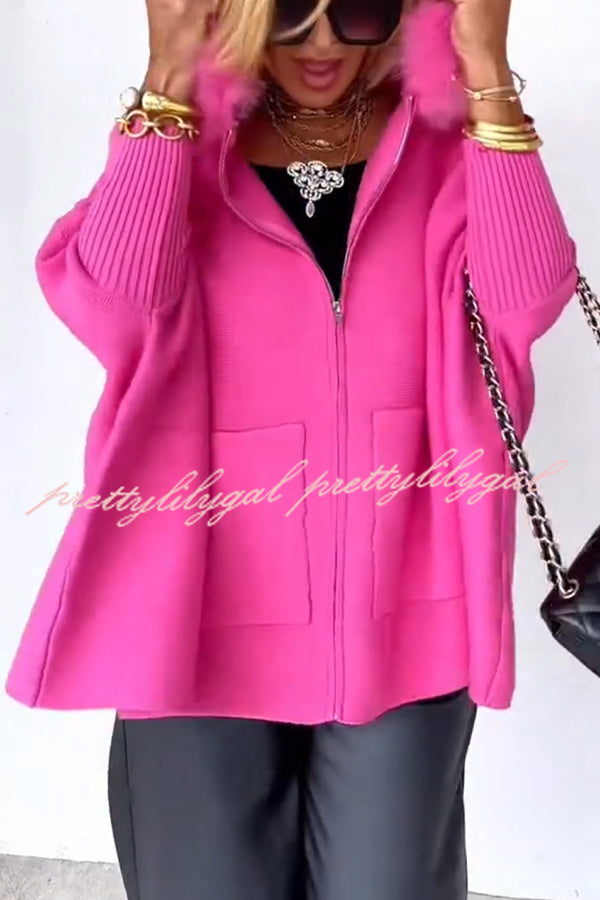 Warm Call Knit Long Sleeve Zipper Plush Hooded Pocket Loose Cardigan