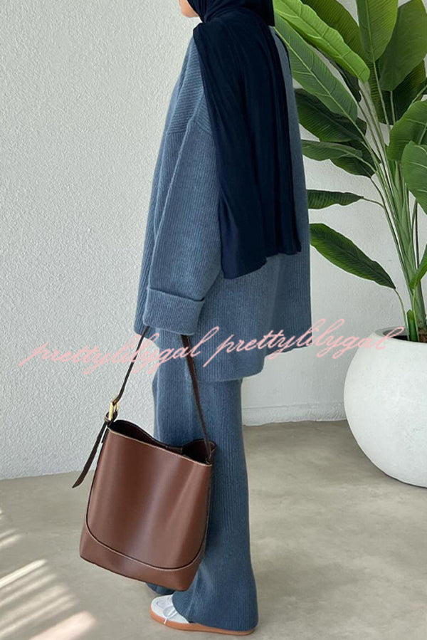 Solid Color Loose Long-sleeved Knit Top and Elastic Waist Casual Straight Leg Pants Set