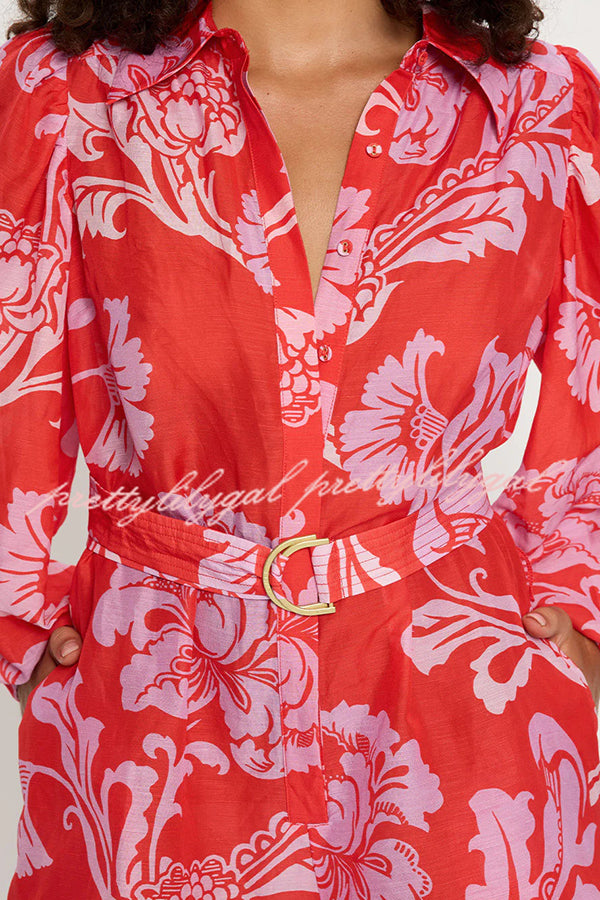 Linen Blend Botanical Print Lapel Puff Sleeve Loose Tie Casual Rompers