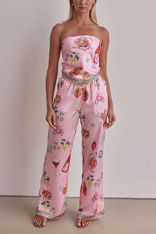 Linen Blend Unique Printed Bandeau Top and Elastic Waist Pocket Pants Set