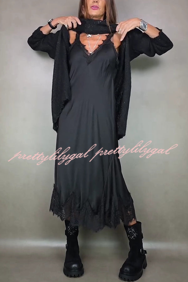 Fashionable V-neck Suspender Lace Splicing Casual Midi Dress