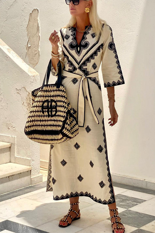 Quiet Atmosphere Linen Blend Ethnic Print Belted Midi Dress prettylilygal Quiet Atmosphere Linen Blend Ethnic Print Belted Midi Dress prettylilygal