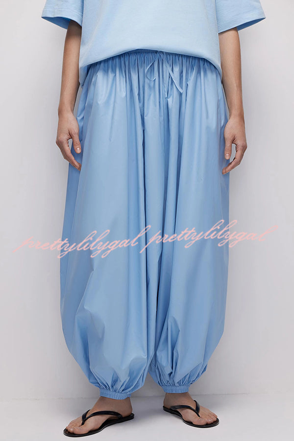 Solid Color Casual Pocket Elastic Waist Lantern Wide Leg Pants