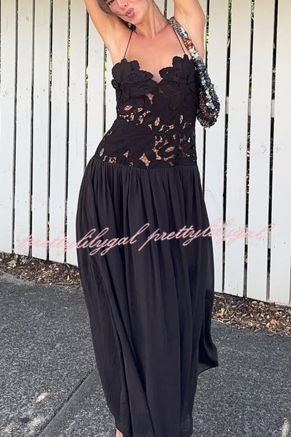 Stephanie Flower Crochet Lace Bust Chiffon Fluffy Hem Maxi Dress