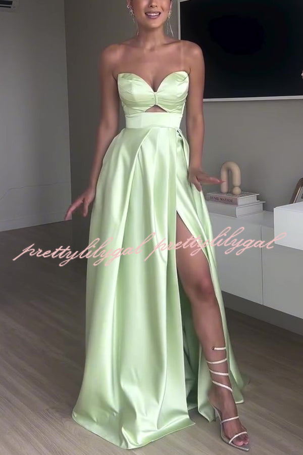 Chic Queen Satin Hollow Strapless Slim High Slit Party Maxi Dress