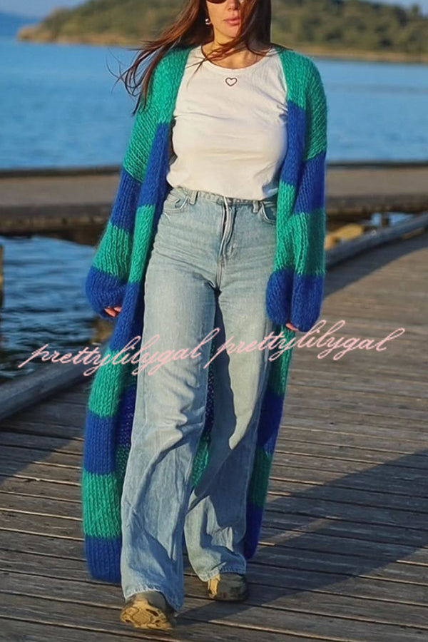 Fashionable Contrast Stripes Lazy Style Loose Long Knitted Cardigan