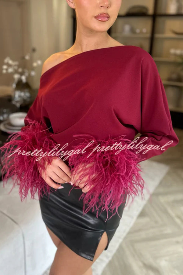 Party Holy Items Off Shoulder Feather Trim Sleeve Loose Blouse