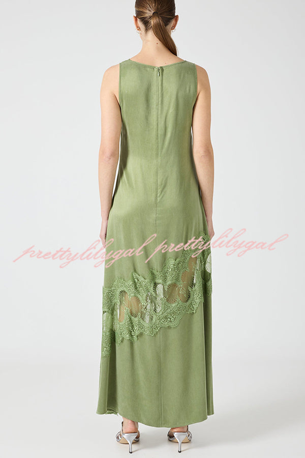 Pretty Soul Satin Lace Trim Wide Neck Irregular Hem Slit Maxi Dress