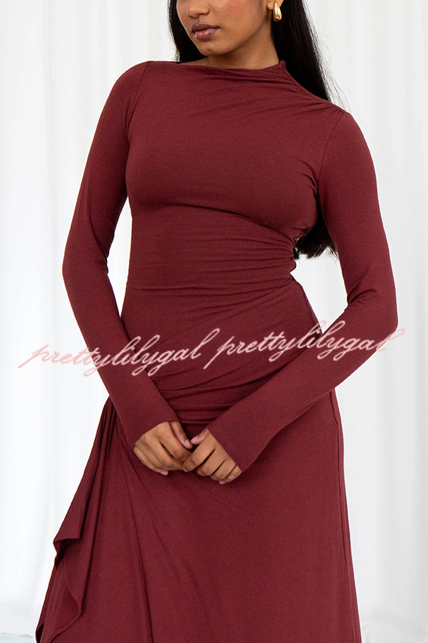 Venus Long Sleeve Ruched Side Slit Drape Ruffles Back Lace-up Stretch Maxi Dress