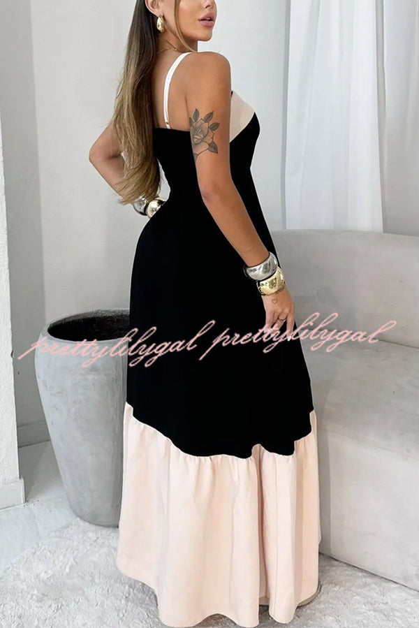 Fashionable Contrast Color Stitching Sling Maxi Dress