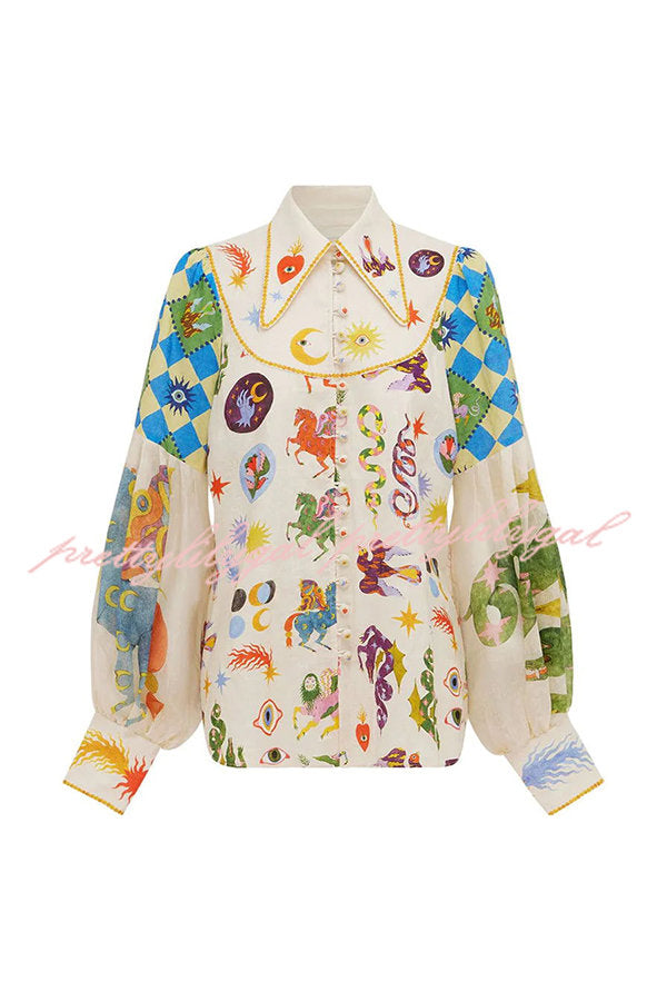 Love Frees Me Linen Blend Unique Print Balloon Sleeve Button Shirt