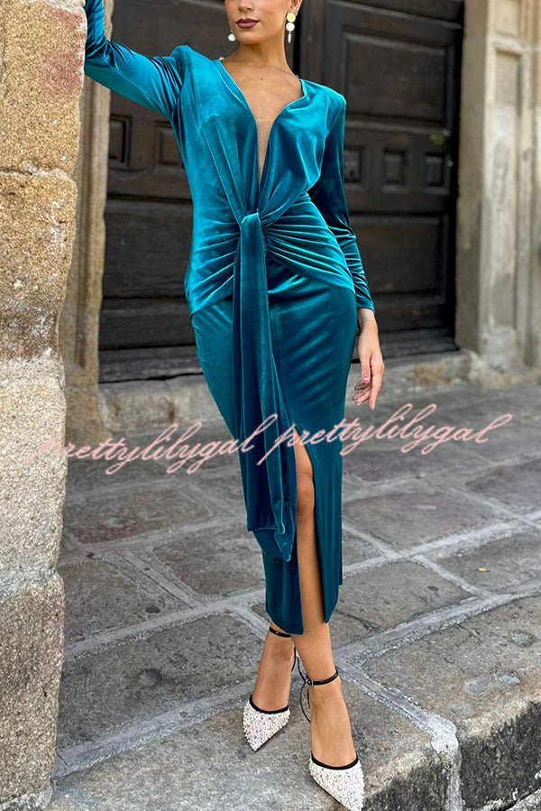 Elisabeth Luxurious Velvet Padded Shoulders Long Sleeve Twist Waist Drape Midi Dress