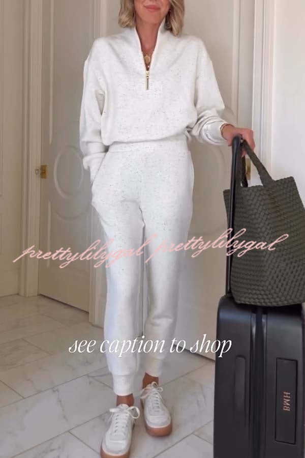 Ivory Marl Fleck Half-Zip Neck Long Sleeve Sweatshirt and Elastic Waist Pocket Jogger Set