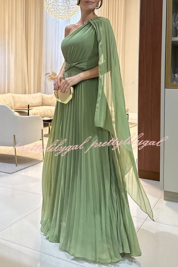 Kate Pleated One Shoulder Drape Sleeve Twist Waist Maxi Dress