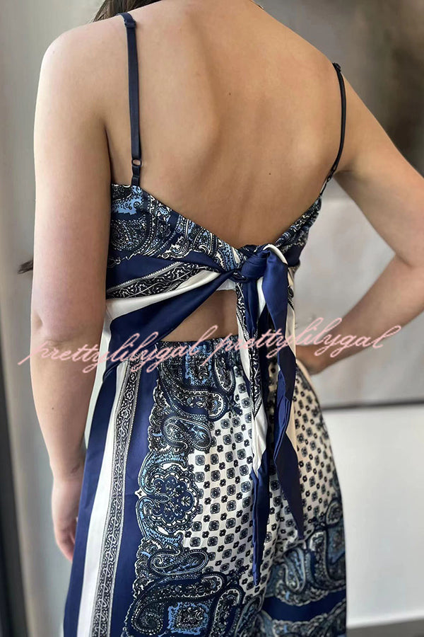 Unique Printed Sling Backless Strappy Top and Elastic Waisted Loose Pants Set