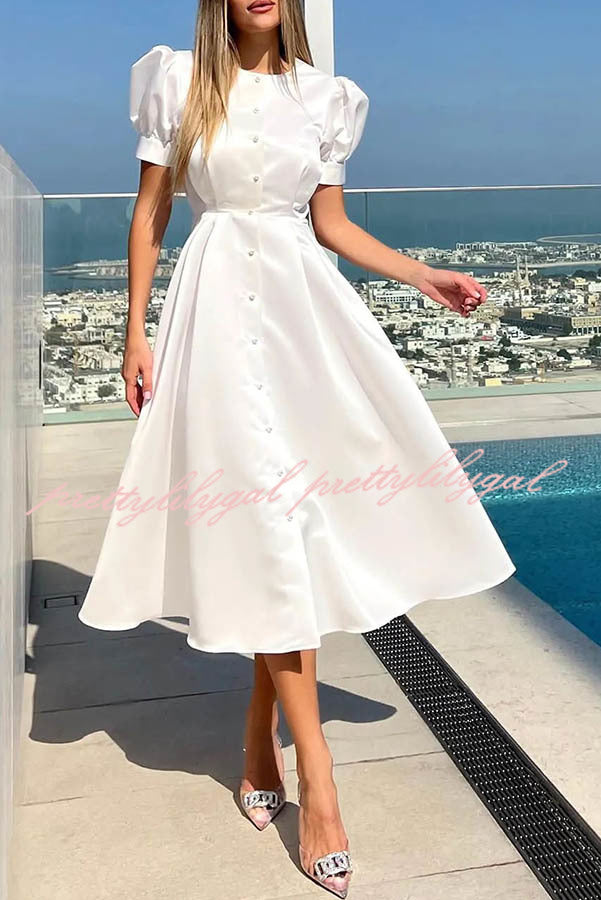 Chic and Classy Vibe Puff Sleeve Pearl Button Slit Midi Dress