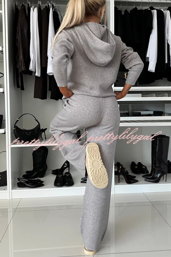 Solid Color Loose Hooded Tie Sweatshirt and Elastic Waist Casual Straight Pants Set
