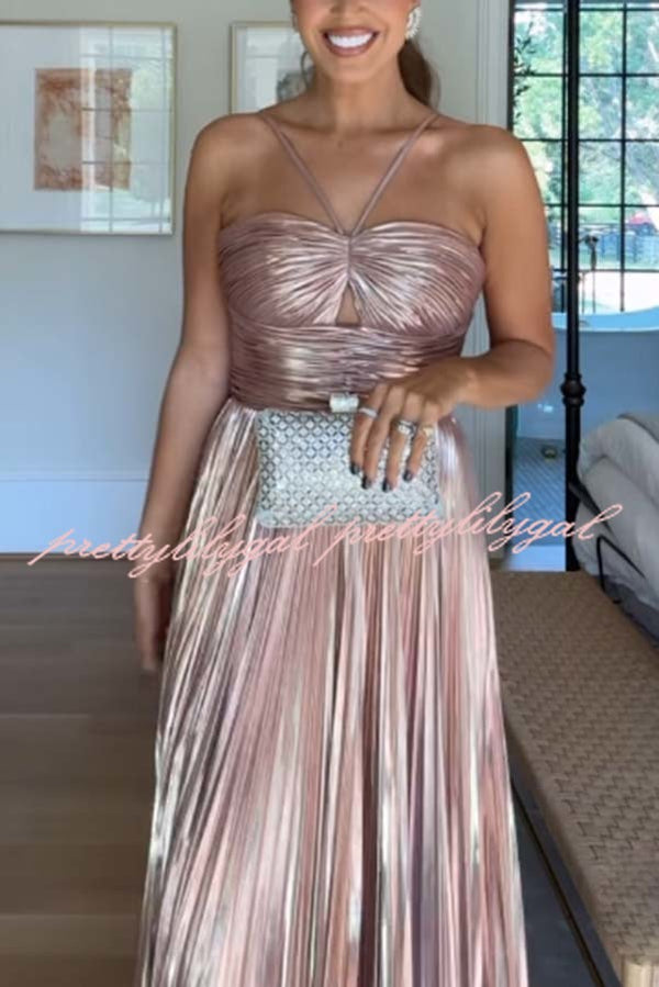 Make A Toast Metallic Fabric Cross Neck Cutout Slit Pleated Maxi Dress
