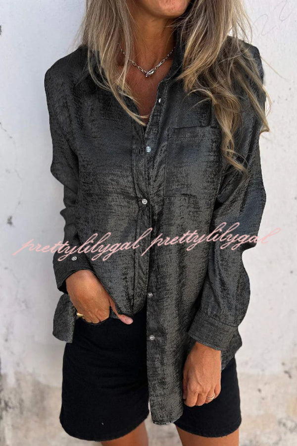 First and Fabulous Metallic Fabric Button Up Long Sleeve Loose Blouse