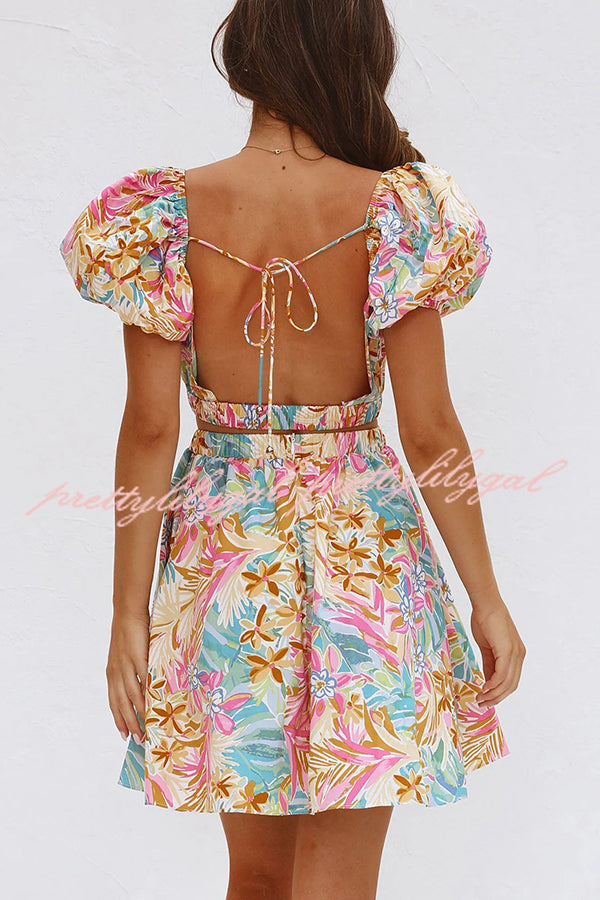 How Sweet Floral Puff Sleeve Cutout Elastic Waist Mini Dress