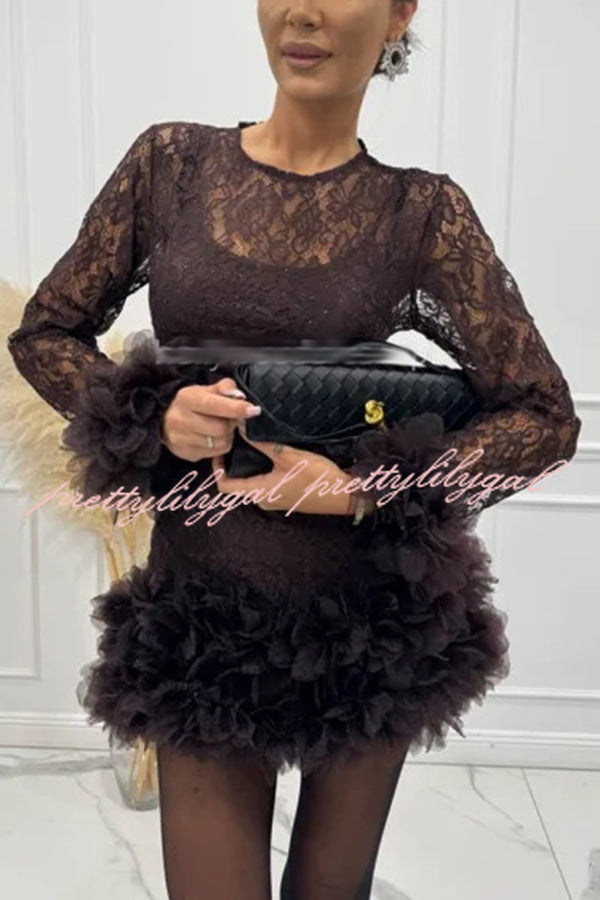 Alyssa Lace Fabric Tulle Layered Petals Trim Long Sleeve Mini Dress