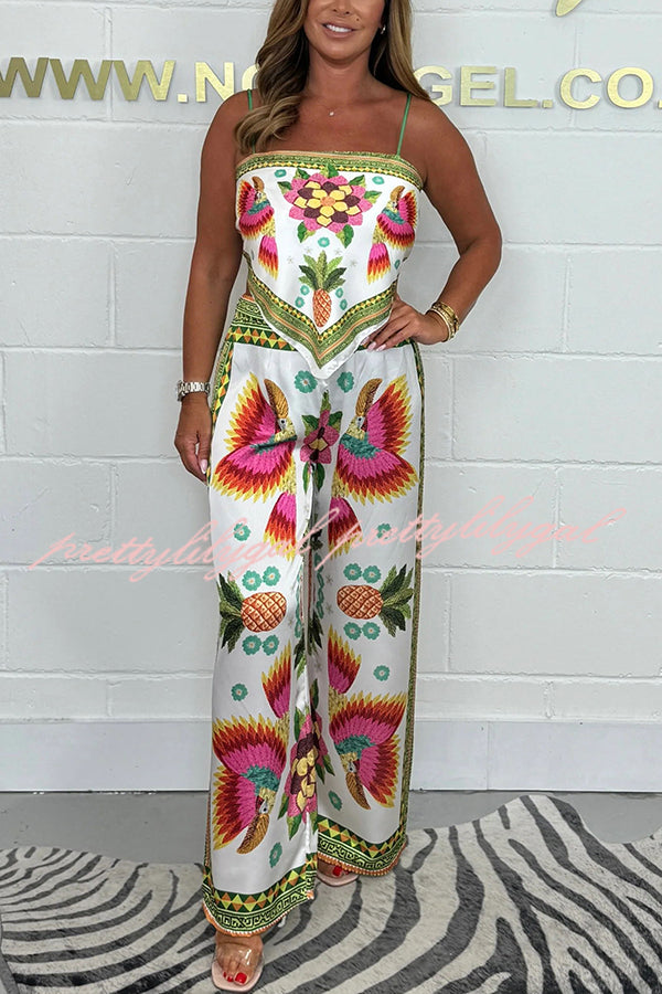 Parrot Satin Unique Print Scarf Tank and Elastic Waist Wide Leg Pants Set