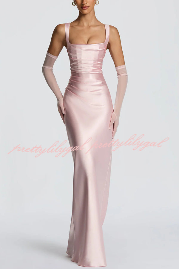 Calanthe Satin Square Neck Ruched Back Lace-up Drape Mesh Scarf Maxi Dress