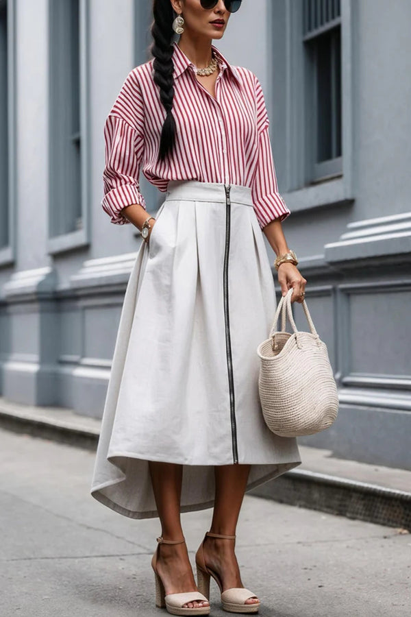 Effortless Charm Front Zipper Detail Pocketed High Low Pleated Midi Skirt