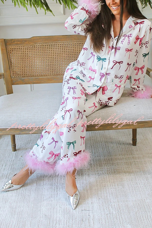 Christmas Besties Party Printed Feather Trim Elastic Waist Pocketed Pajama Set