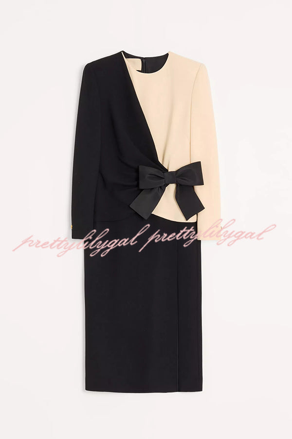 Love Unfolded Contrast Color Side Bow Tie-up Long Sleeve Slit Midi Dress