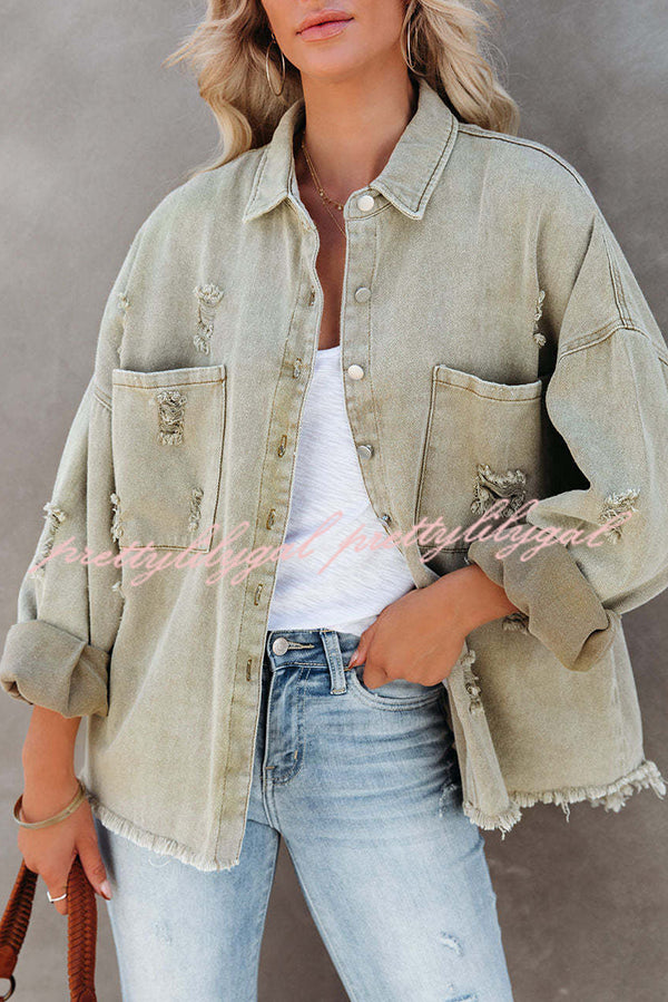 Stylish Lapel Long Sleeve Ripped Denim Jacket