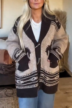 Retro Western Knit Unique Pattern Horn Buttons Pocket Lapel Loose Cardigan