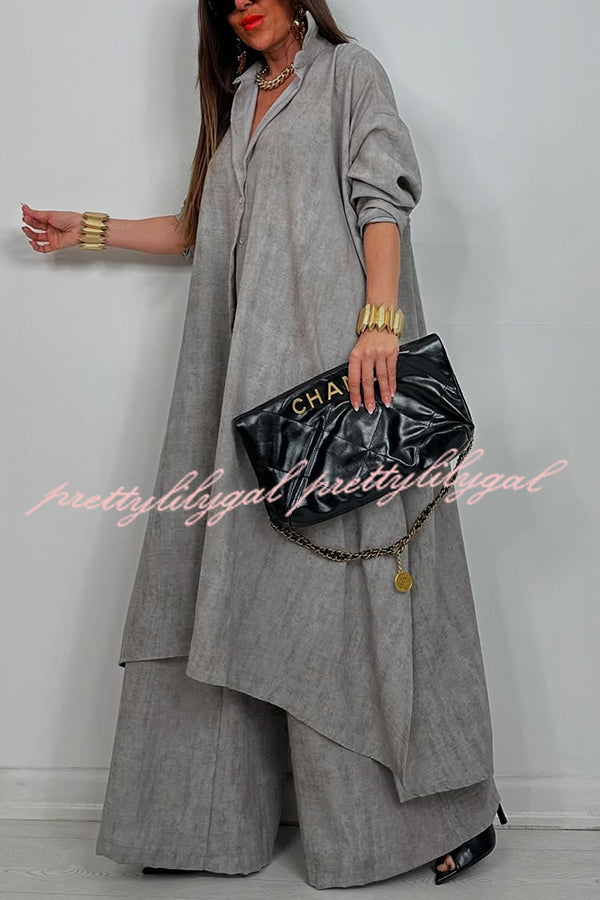 Solid Color Casual Loose Long Shirt and Elastic Waist Pocket Wide Leg Pants Set