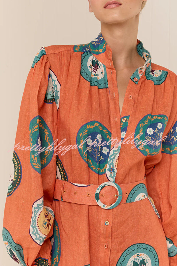 Linen Blend Unique Print Belted Single-breasted Casual Maxi Dress