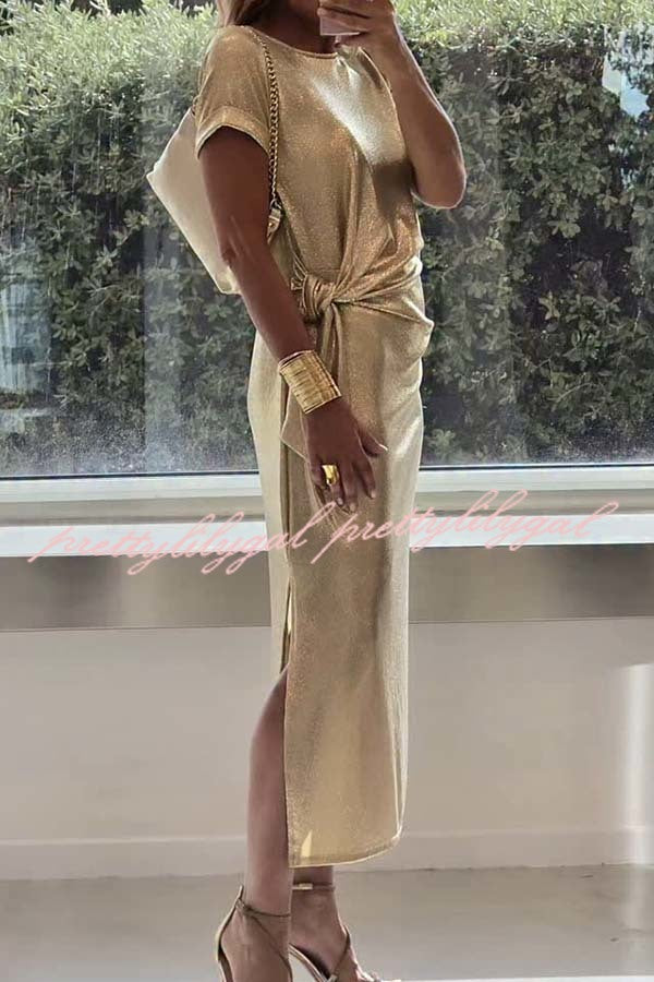 Full of Charming Glitter Fabric Short Sleeve Tie-up Waist Slit Midi Dress